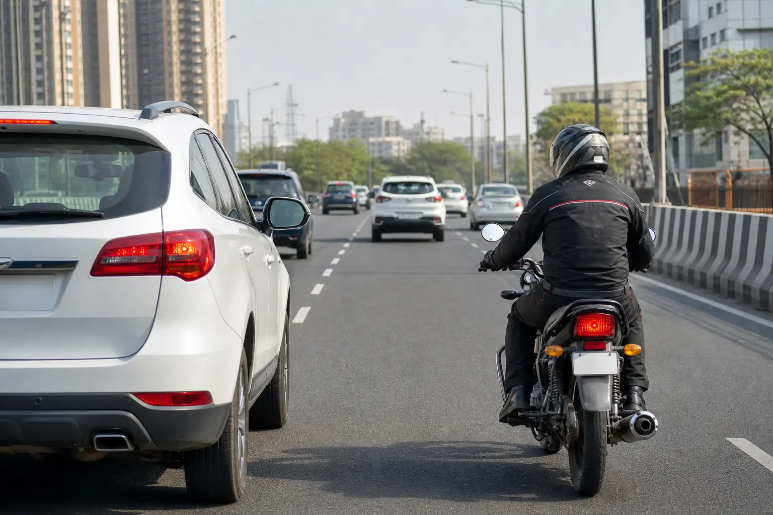 Motorcyclist avoiding the blind spot of a car