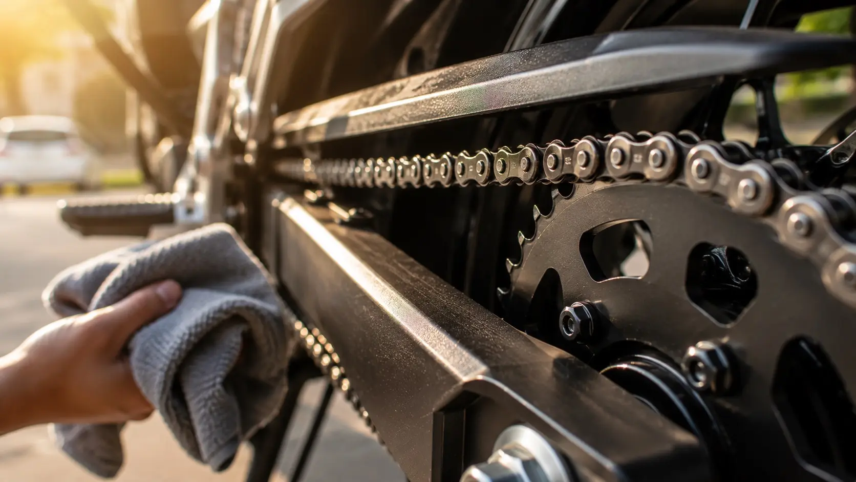 Close up of a freshly lubricated motorcycle chain