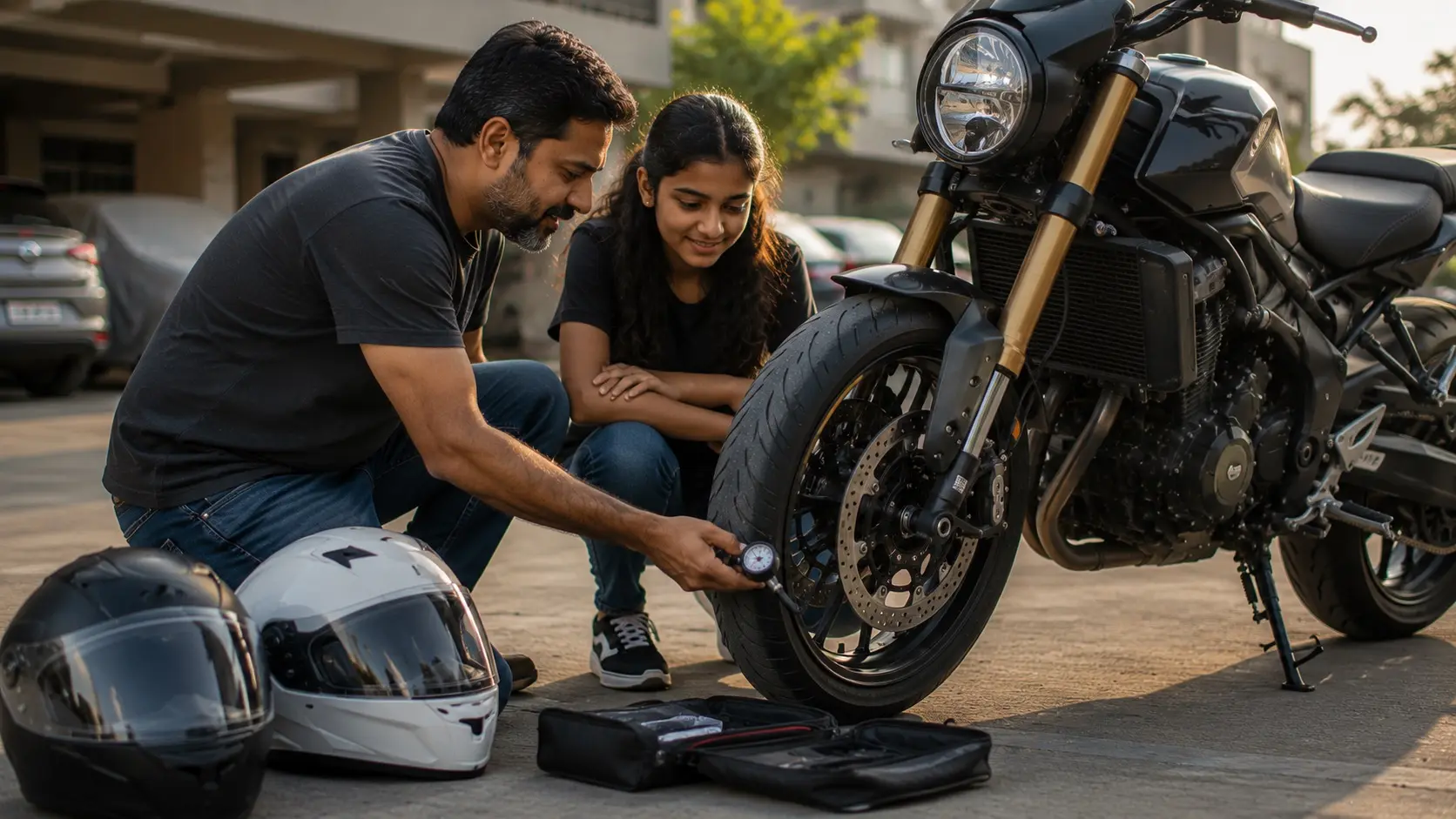 Father teaching his teenage daughter to check motorcycle tire pressure