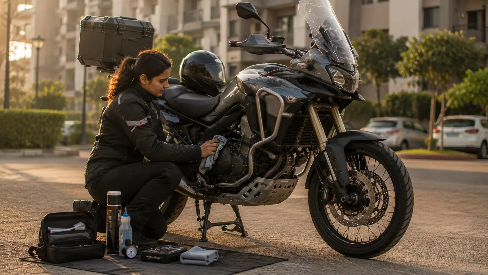 Rider performing routine motorcycle maintenance before a weekend ride
