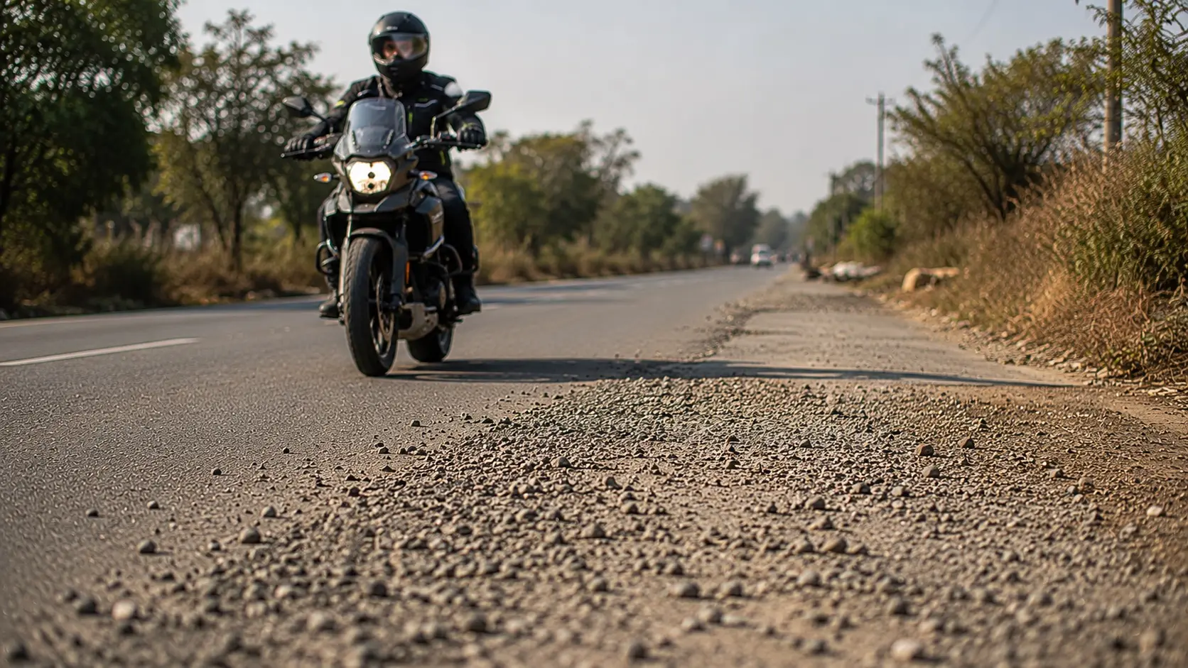 Motorcyclist approaching a patchwork of repaired tarmac and loose gravel