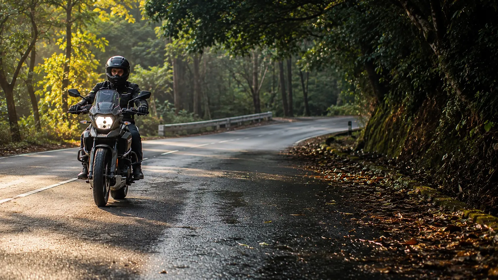 Motorcyclist approaching a shaded bend with damp patches beneath the trees