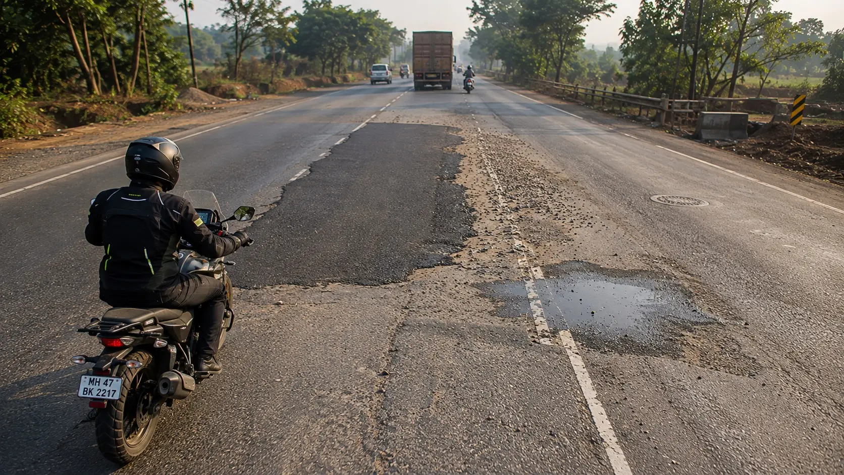 Motorcyclist approaching changing road surfaces on an Indian road