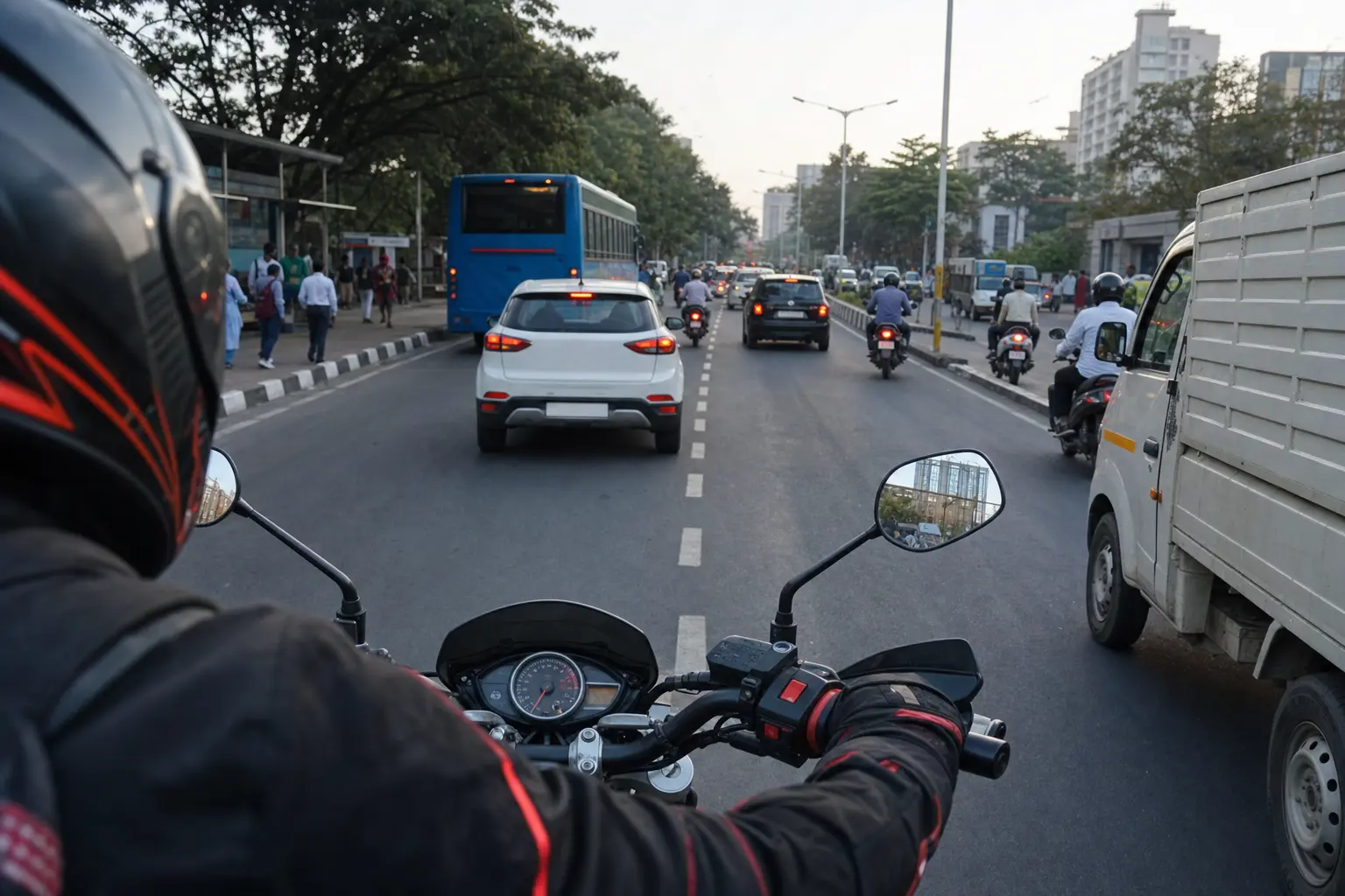 Rider scanning traffic several vehicles ahead