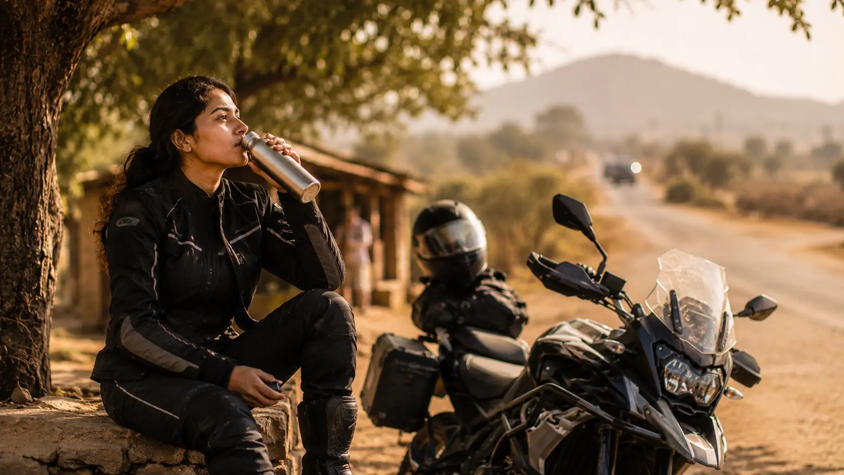 Motorcyclist taking a short break under shade during a hot afternoon ride