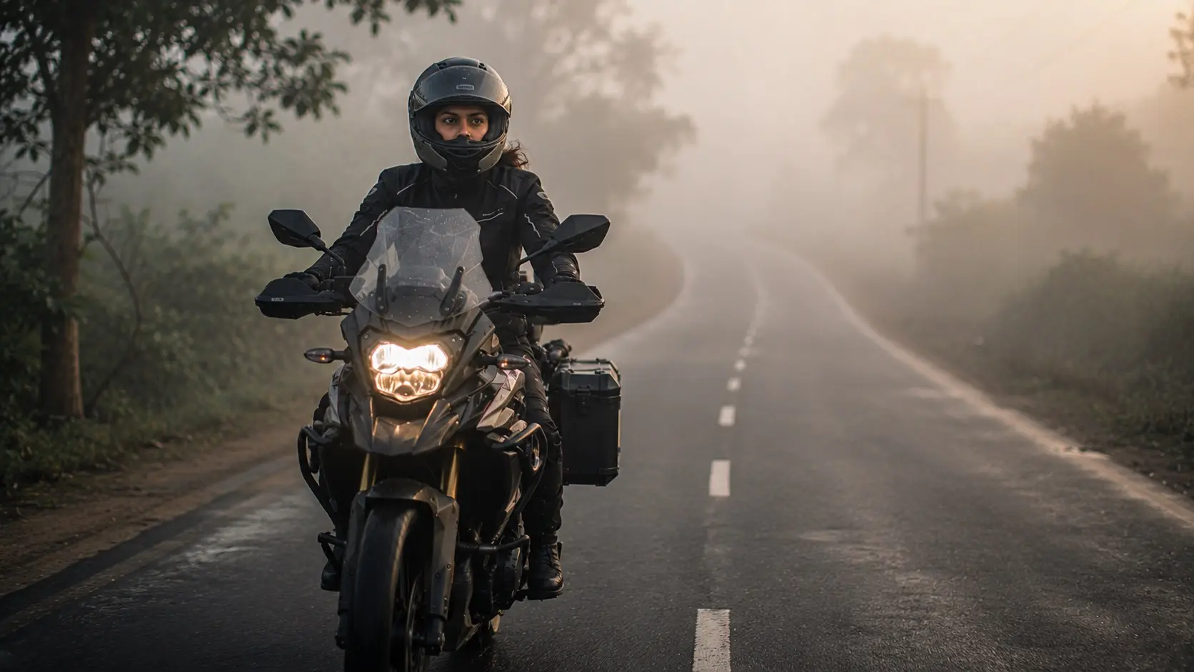 Motorcyclist riding through light morning fog on a quiet road