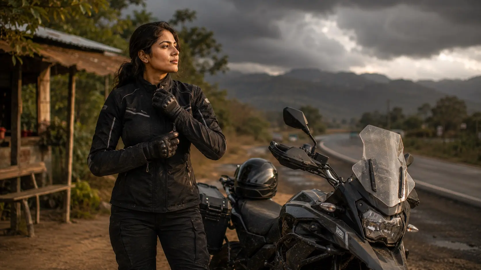 Motorcyclist preparing riding gear while dark clouds gather in the background