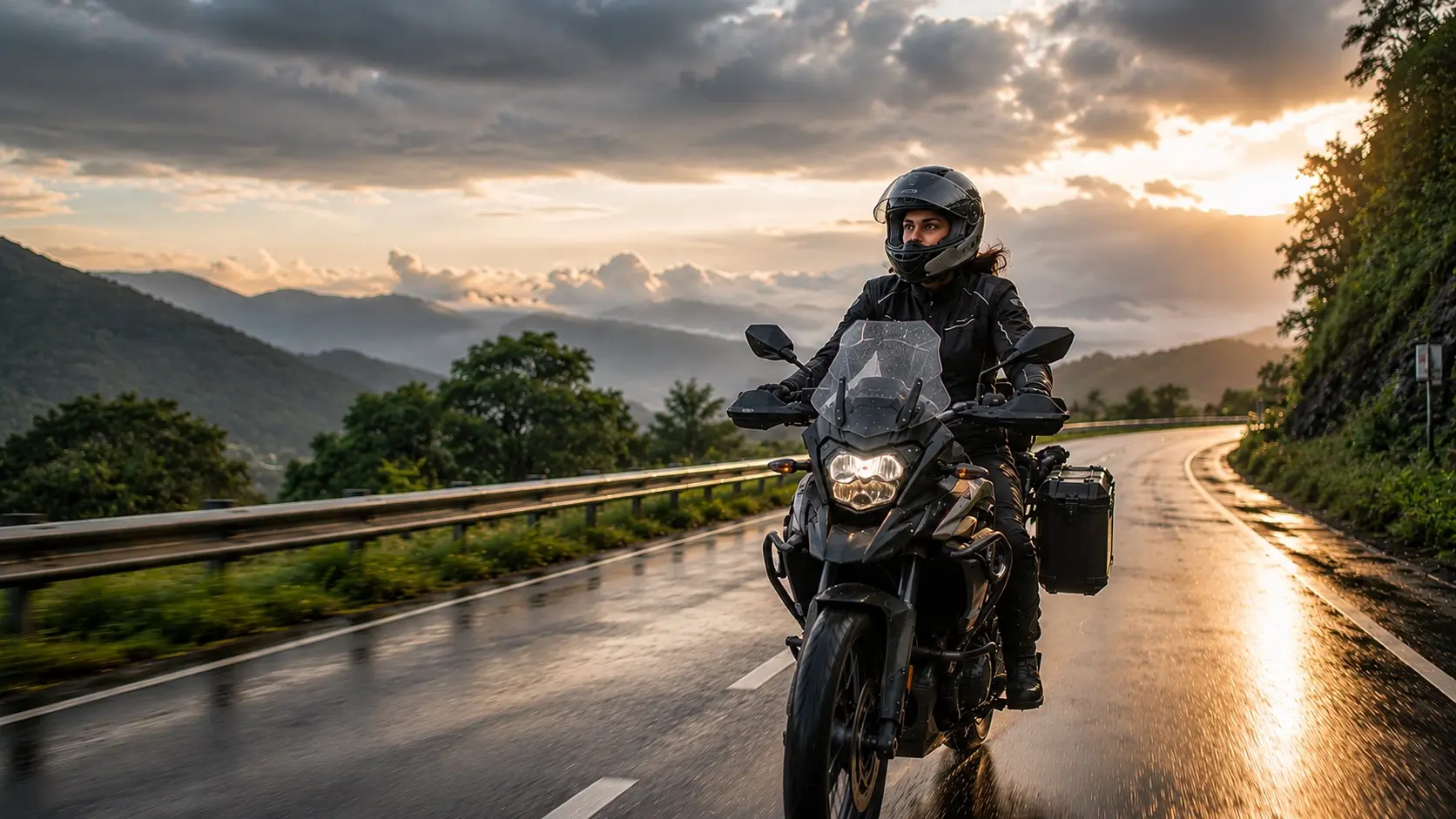 Motorcyclist riding through changing weather conditions on an Indian road