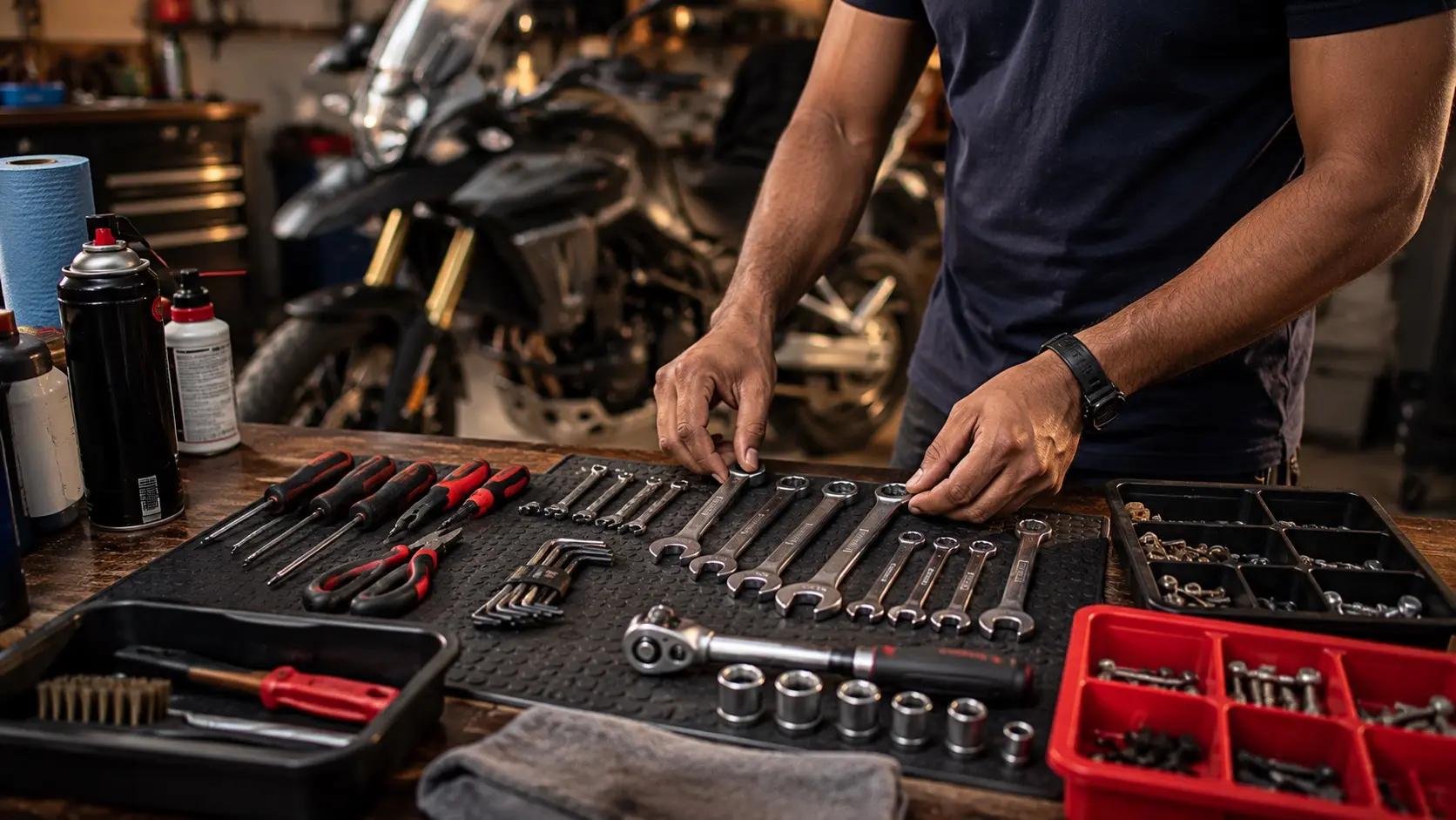 Motorcyclist organizing tools on a workbench