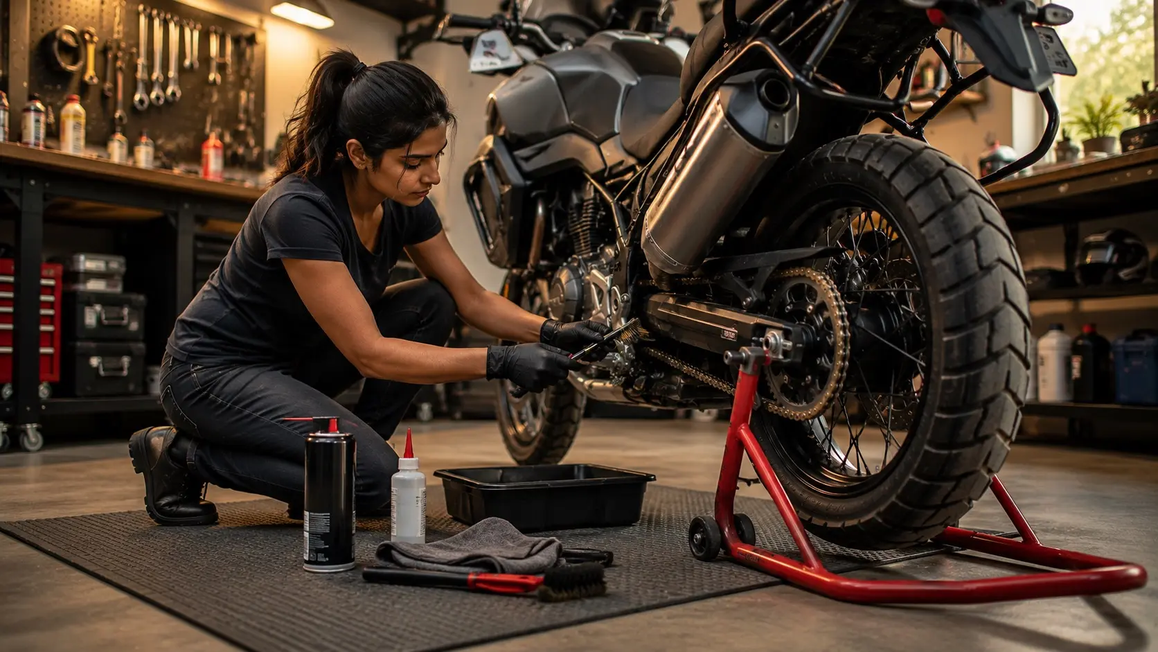 Motorcycle positioned on a paddock stand during maintenance