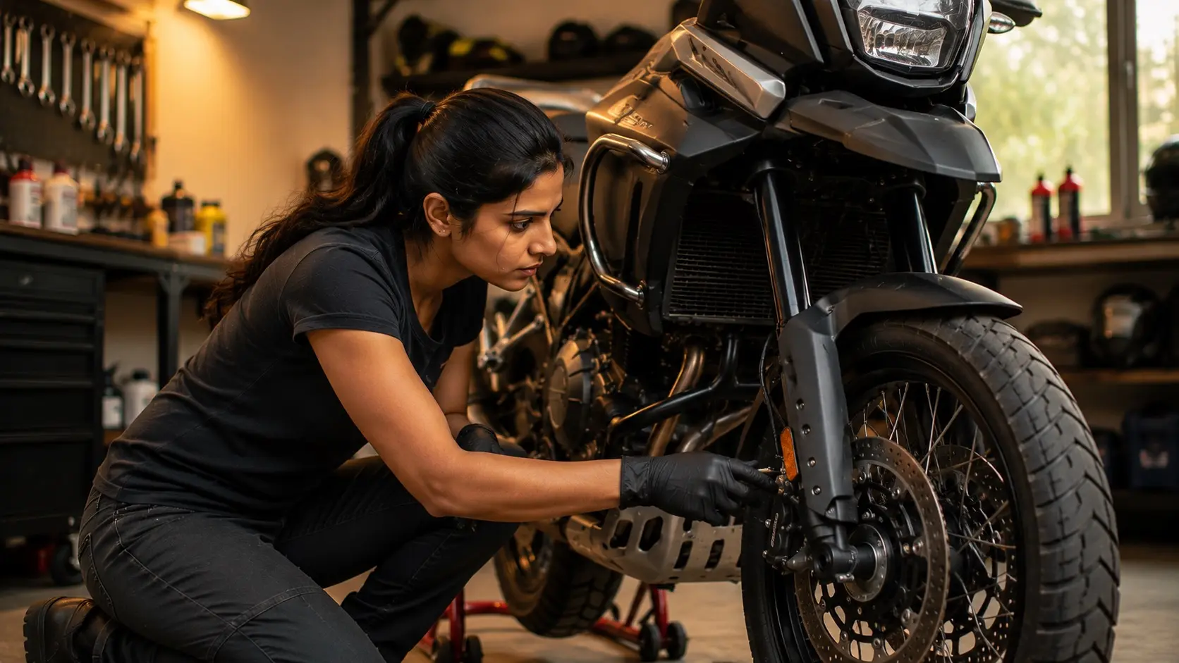 Rider inspecting motorcycle components at home