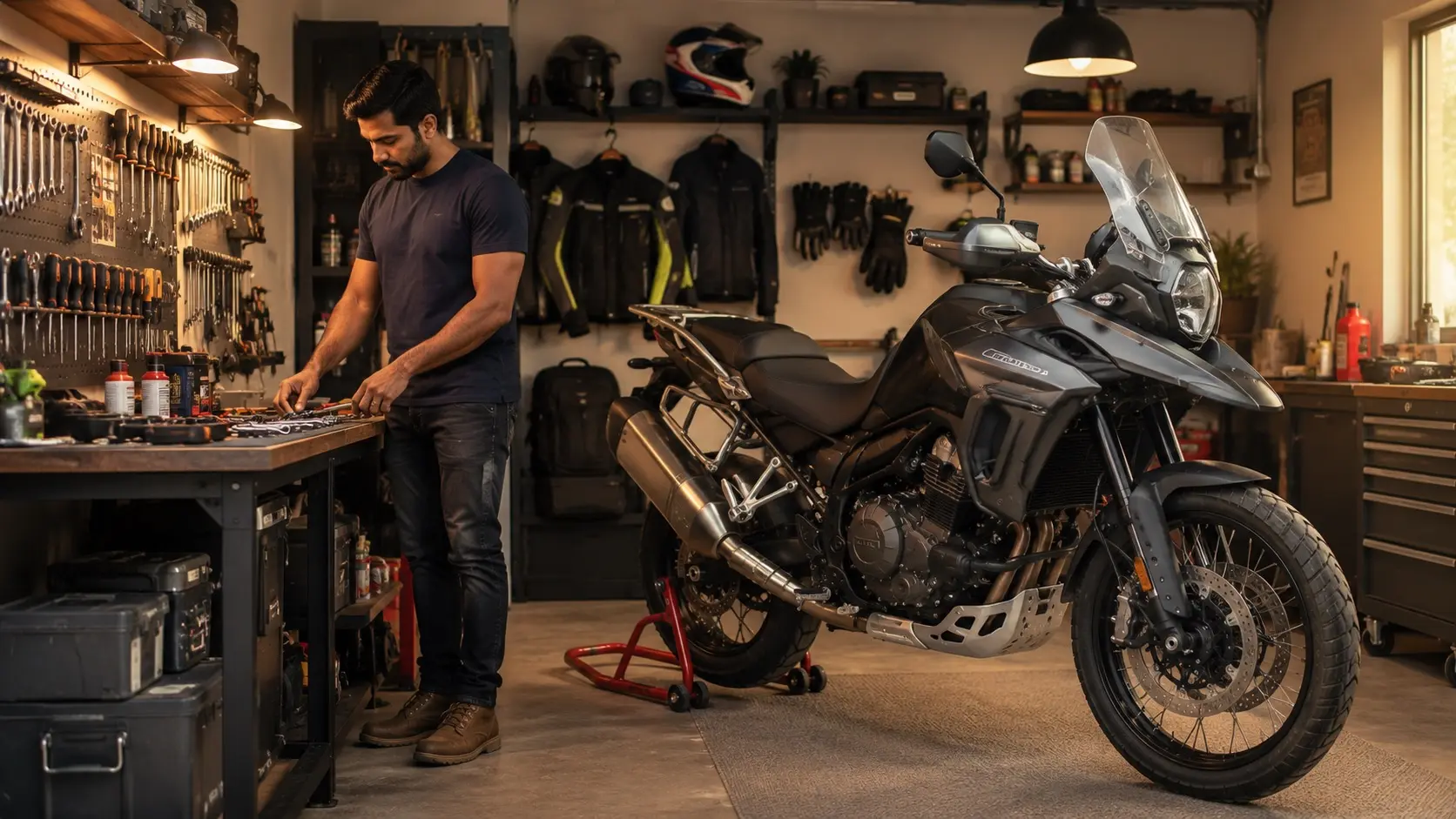 Motorcyclist organizing tools and maintenance equipment in a home garage