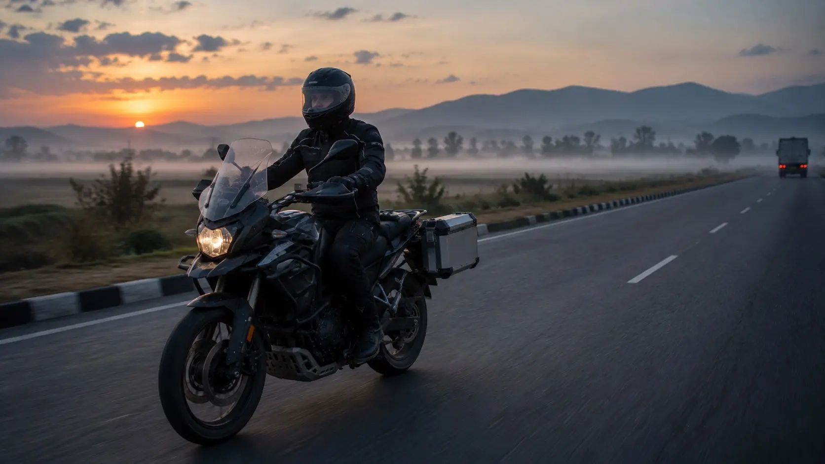 Rider setting off before sunrise on an open highway