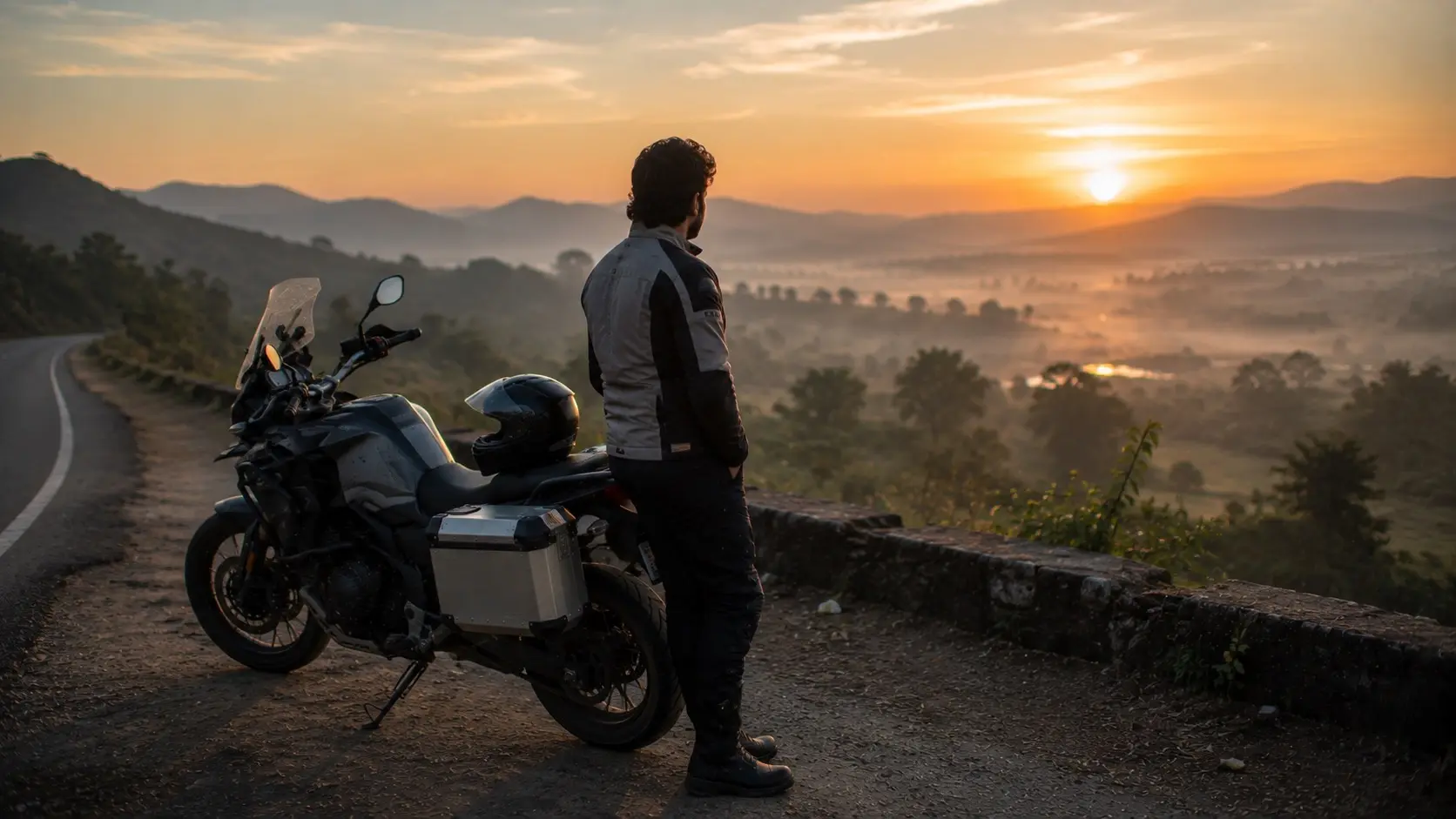 Motorcyclist riding through the first light of dawn after an overnight journey