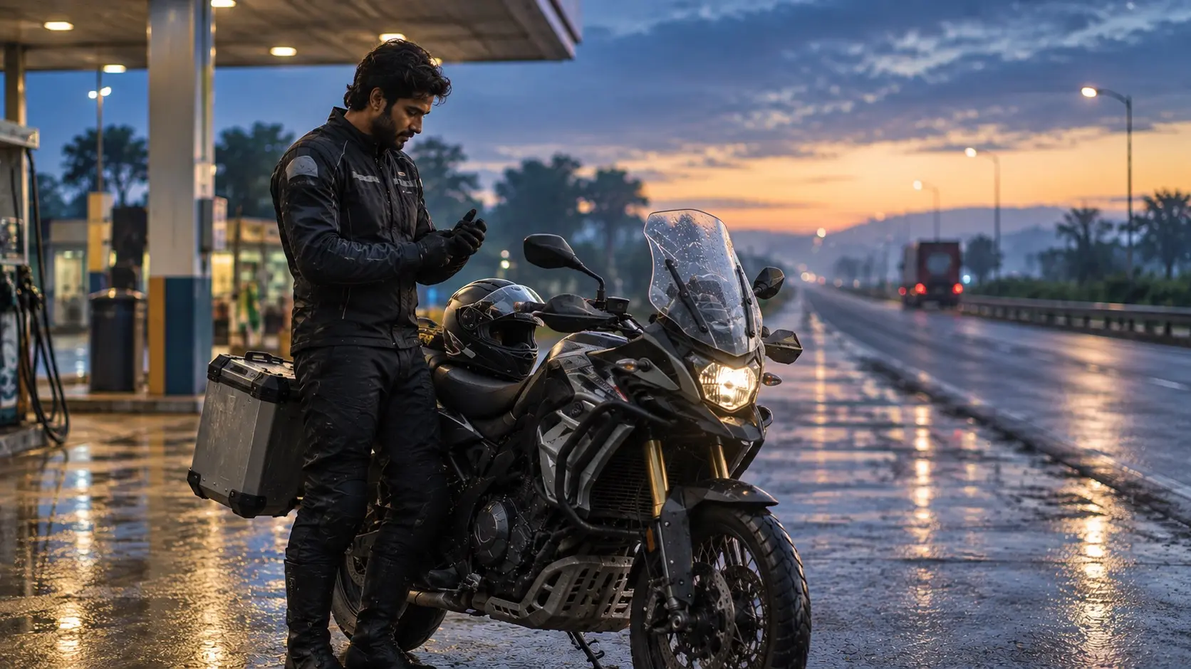 Rider preparing for an early morning motorcycle journey before sunrise.