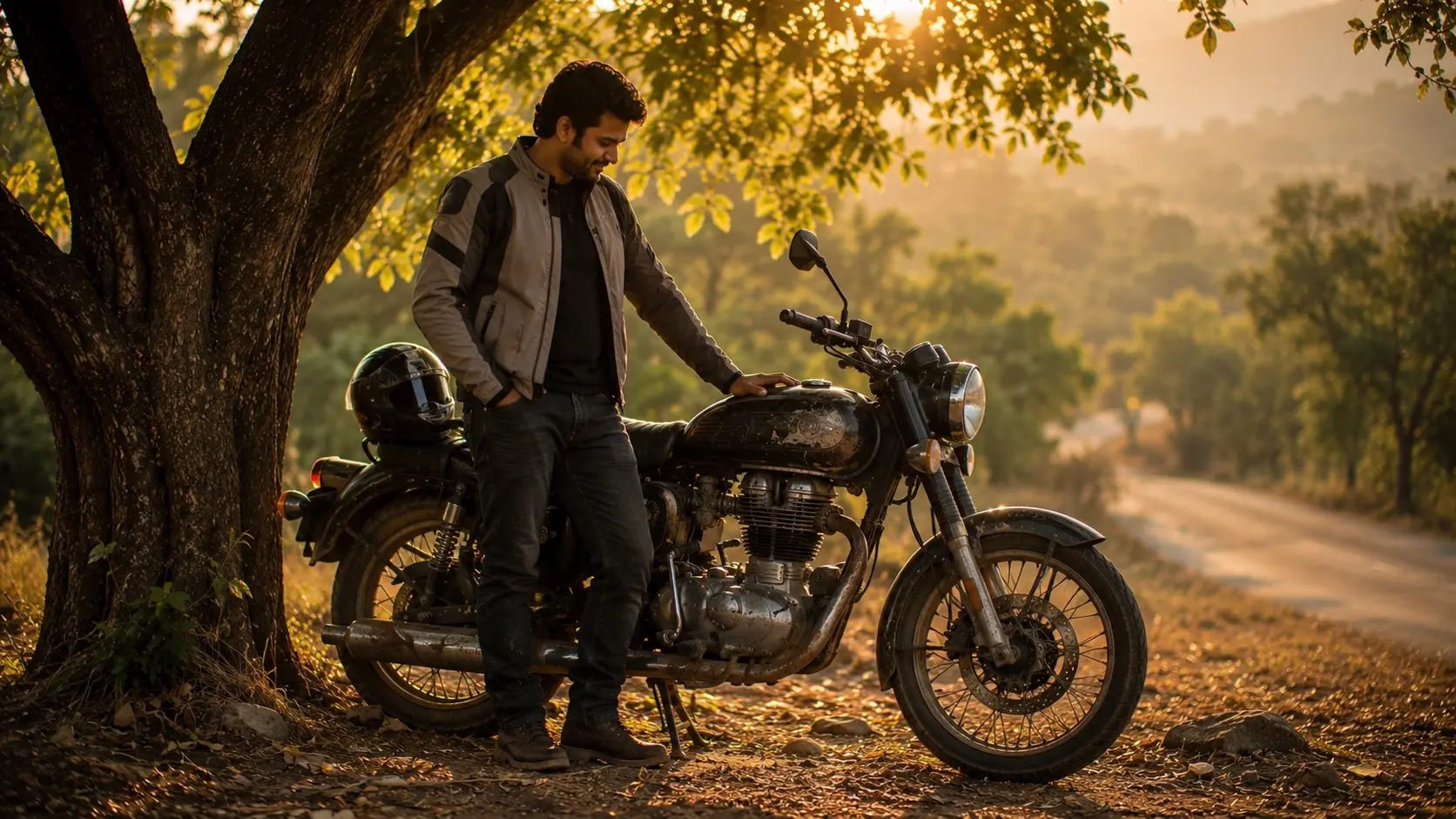 Rider looking at an old photograph while sitting beside a parked motorcycle