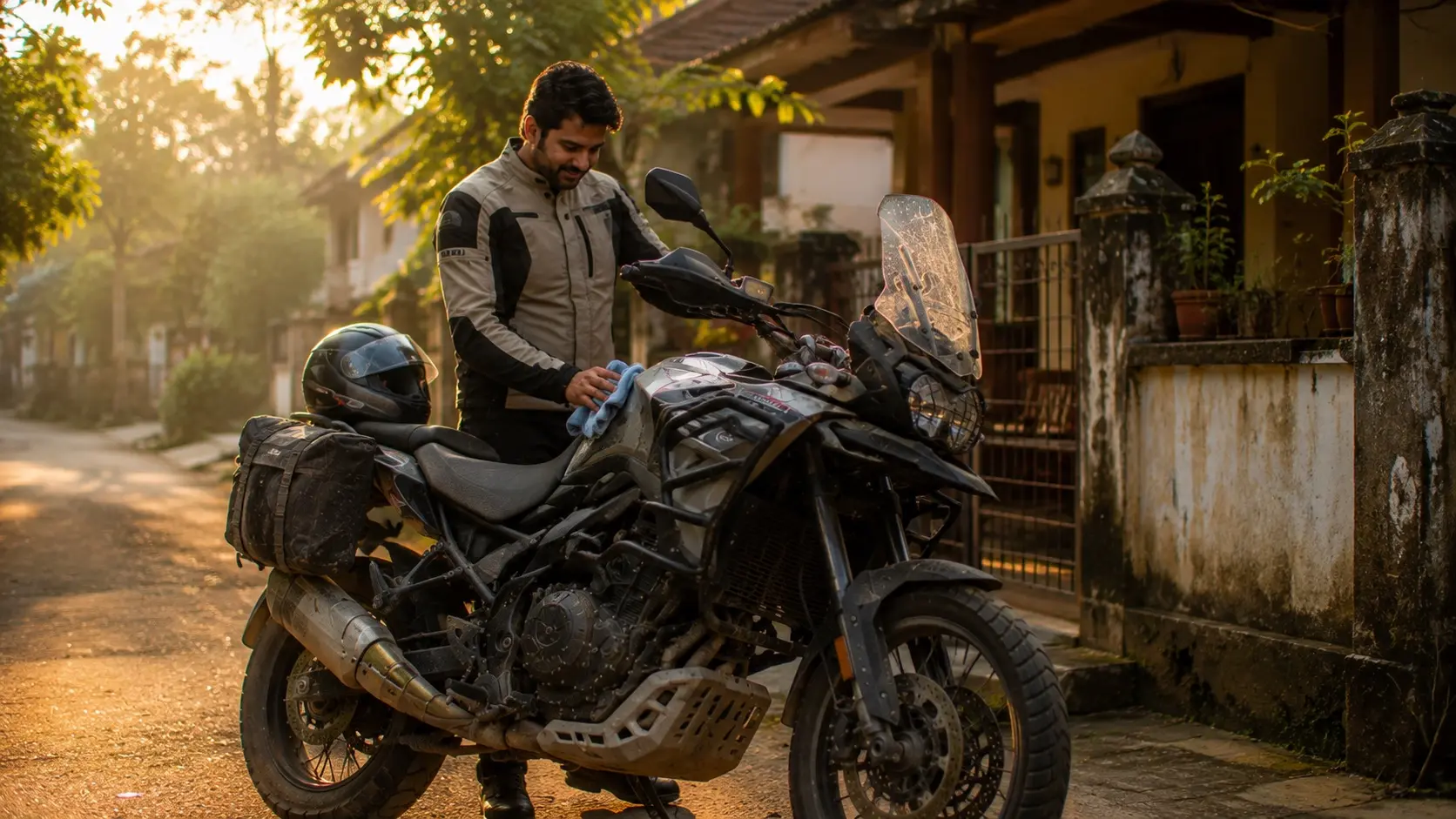 Rider standing beside a well used motorcycle while reflecting on past journeys.