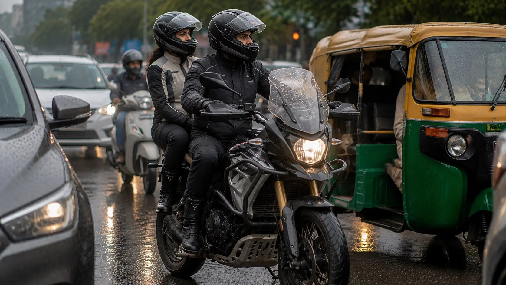 A rider and pillion waiting together at a city traffic signal