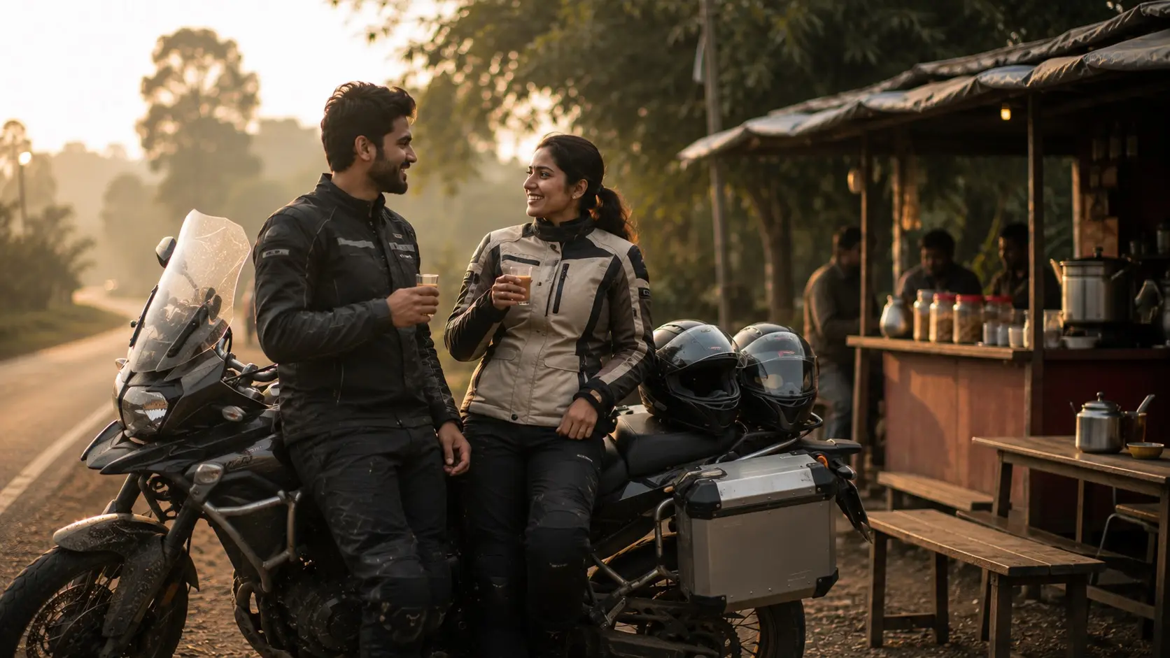 A rider and pillion talking beside their parked motorcycle during a roadside stop