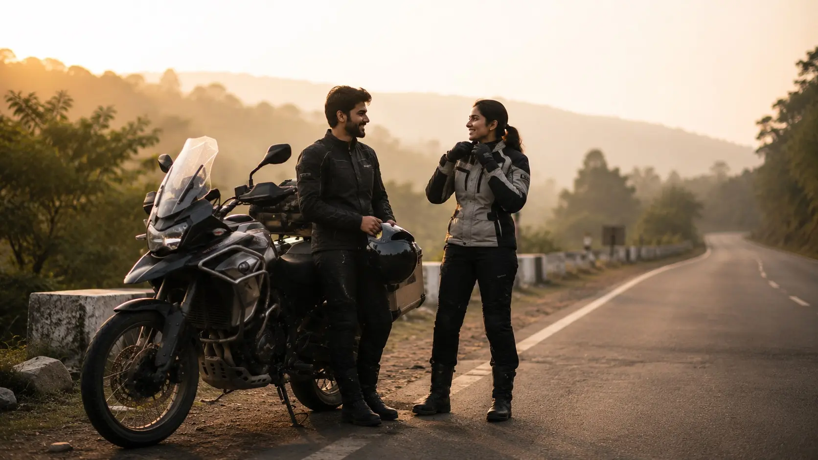 A rider and pillion sharing a quiet pause beside their motorcycle on an Indian road
