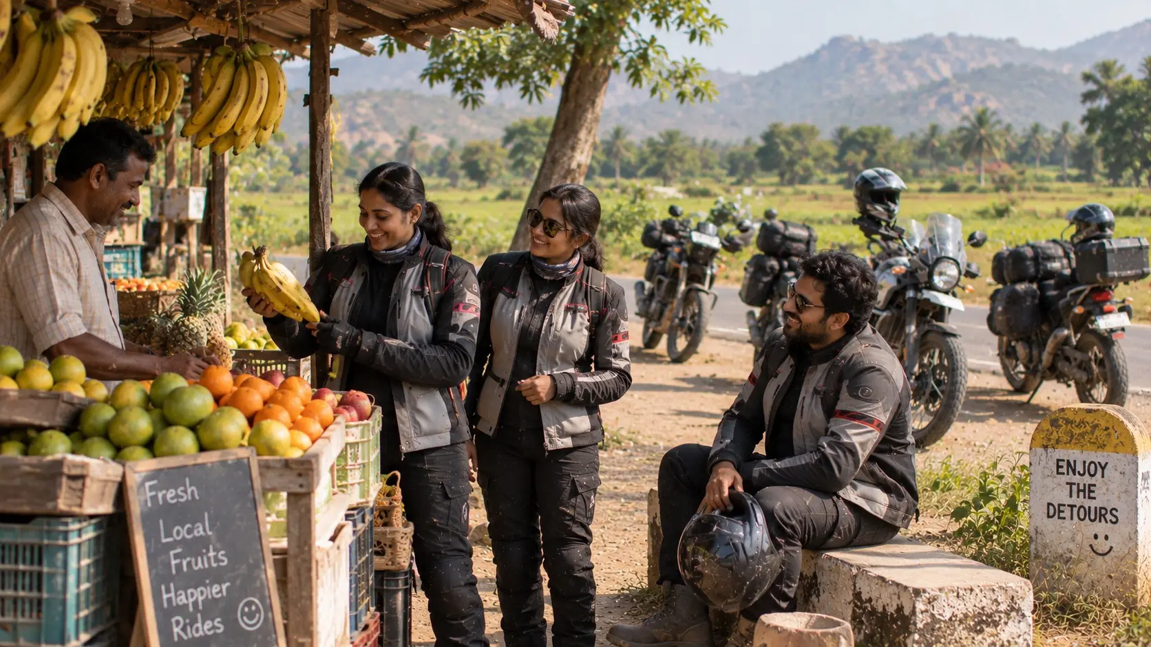 Riders enjoying an extended tea break beside their motorcycles
