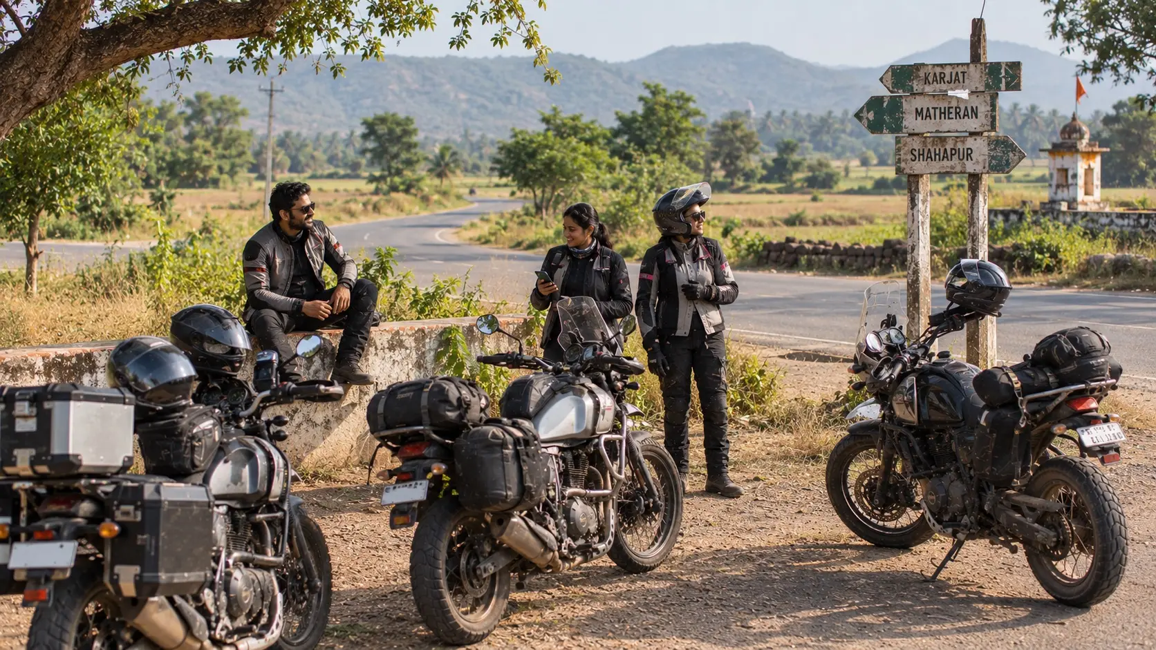 Motorcyclists taking an unplanned break beside their parked motorcycles at a roadside tea stall.