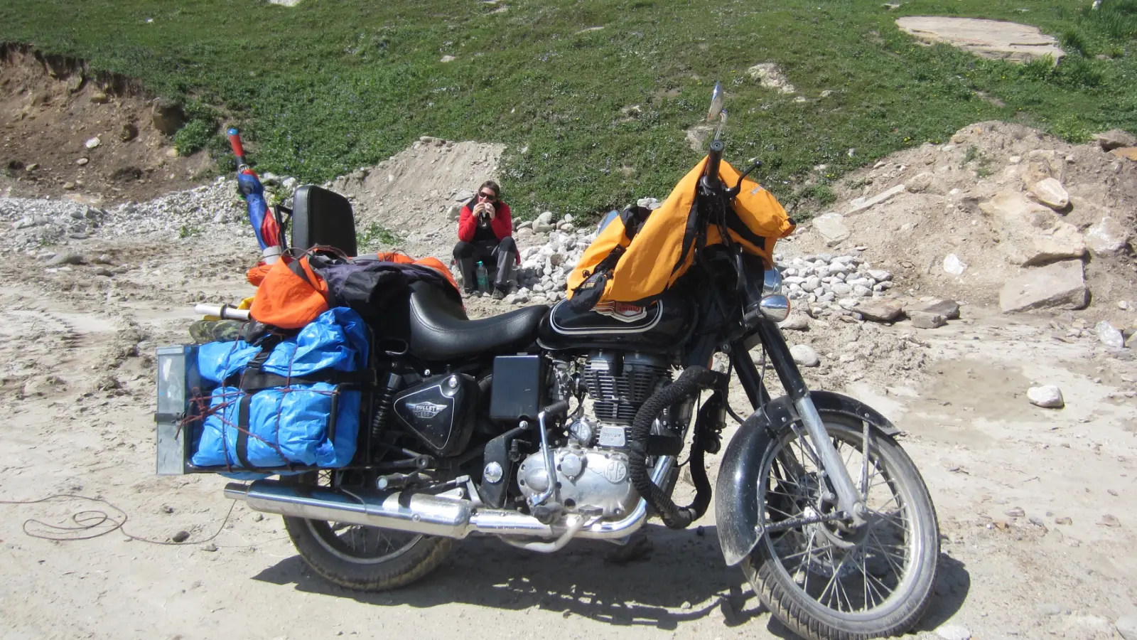 A heavily loaded Royal Enfield Bullet prepared for long distance travel through Ladakh.