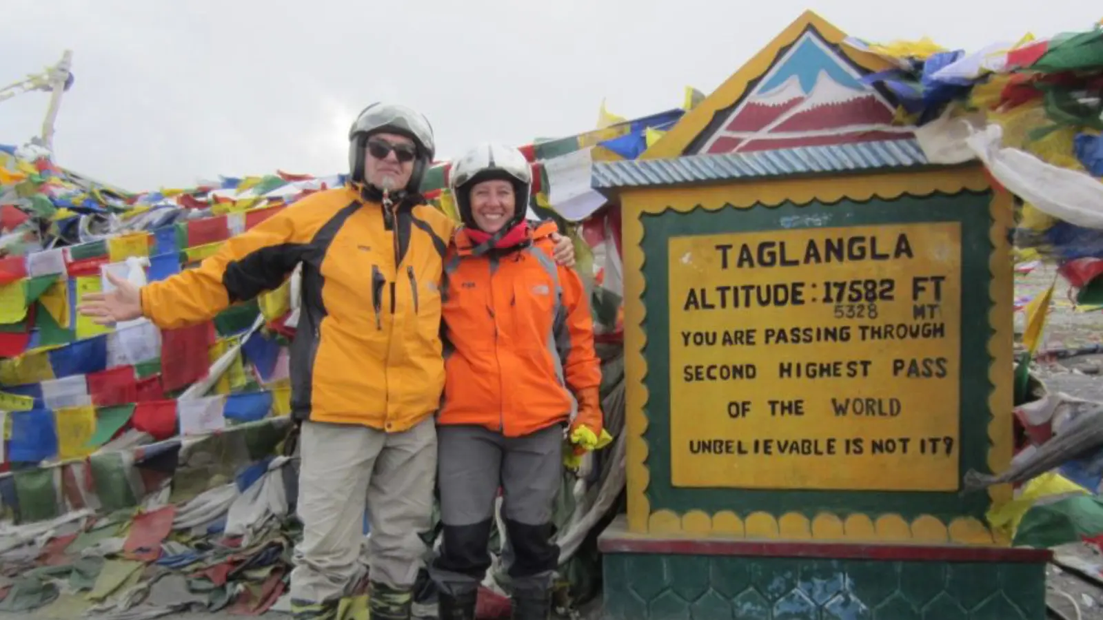 Zeev and Delphine at Taglang La during their Himalayan motorcycle journey.
