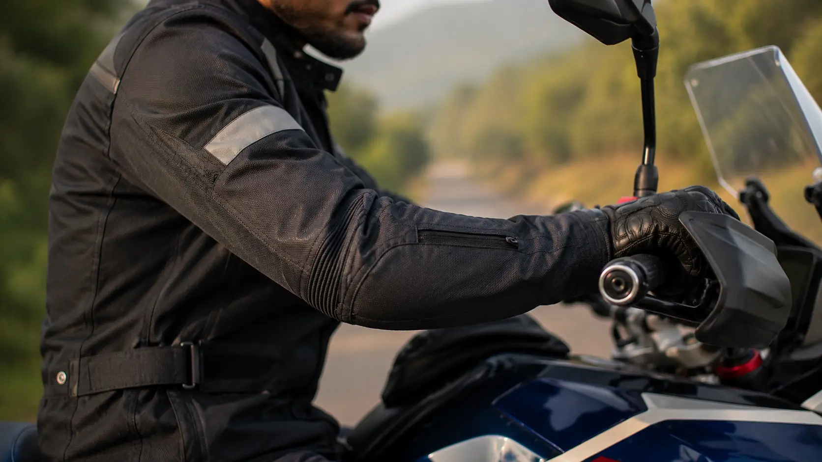 Close-up of elbow armour correctly positioned inside a riding jacket sleeve