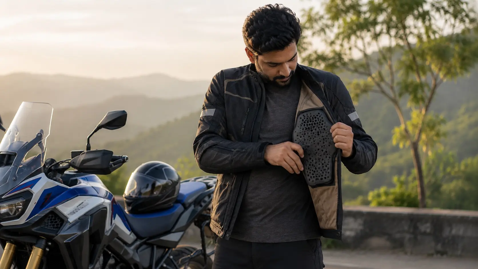 Rider adjusting CE armour inside a motorcycle jacket before a ride.