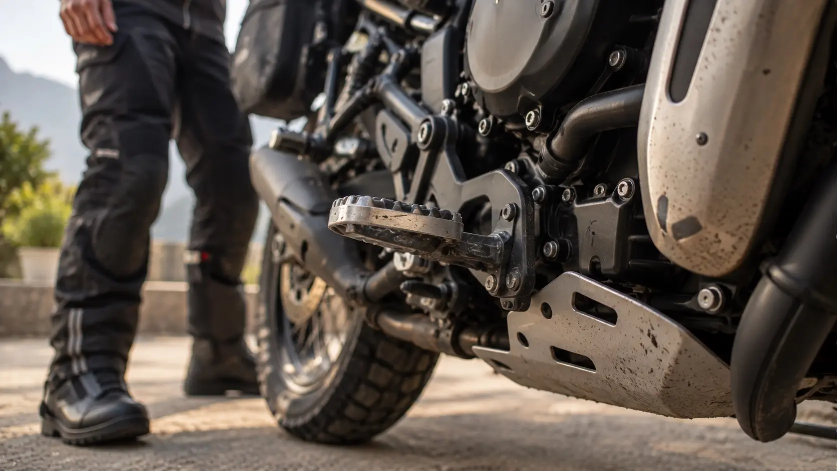 Subtle marks and wear visible on a clean motorcycle that has accumulated many kilometres.