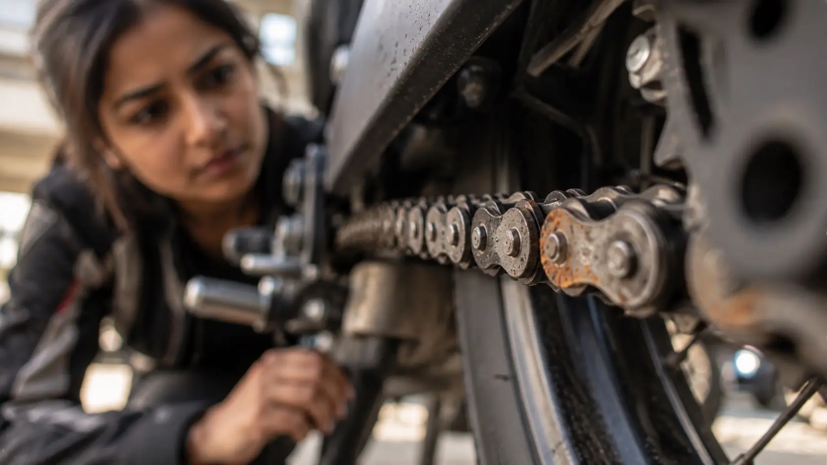 A rider closely examining the drive chain of a clean motorcycle after noticing small areas of surface corrosion.