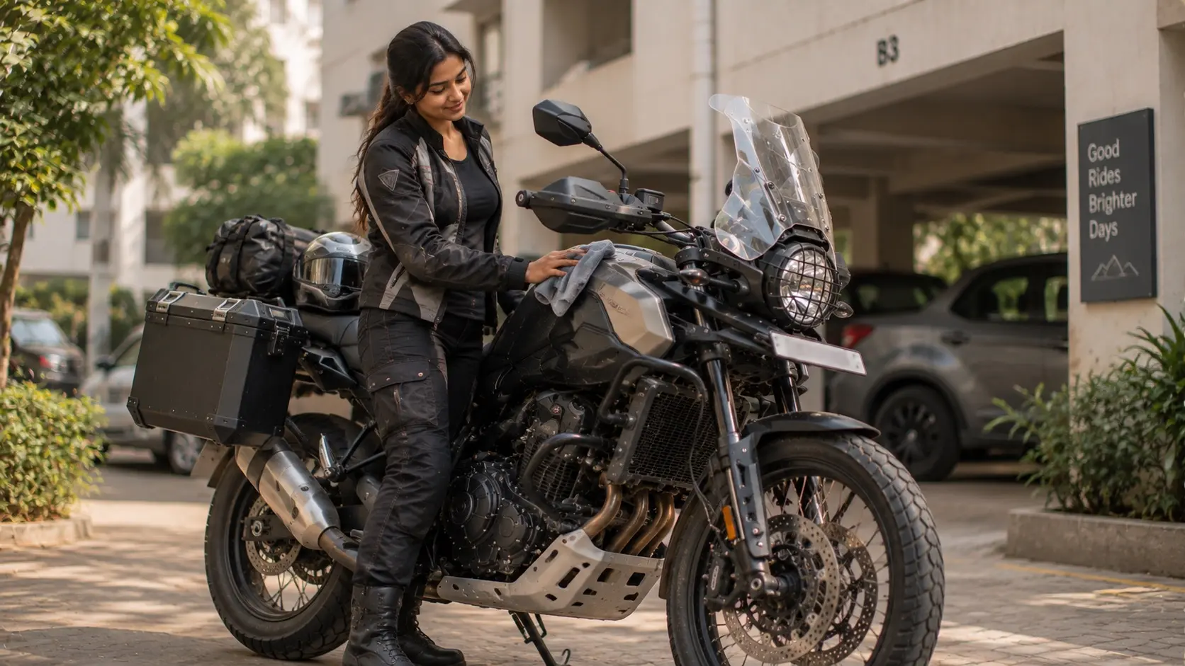 A rider inspecting a well maintained motorcycle that shows subtle signs of regular use.