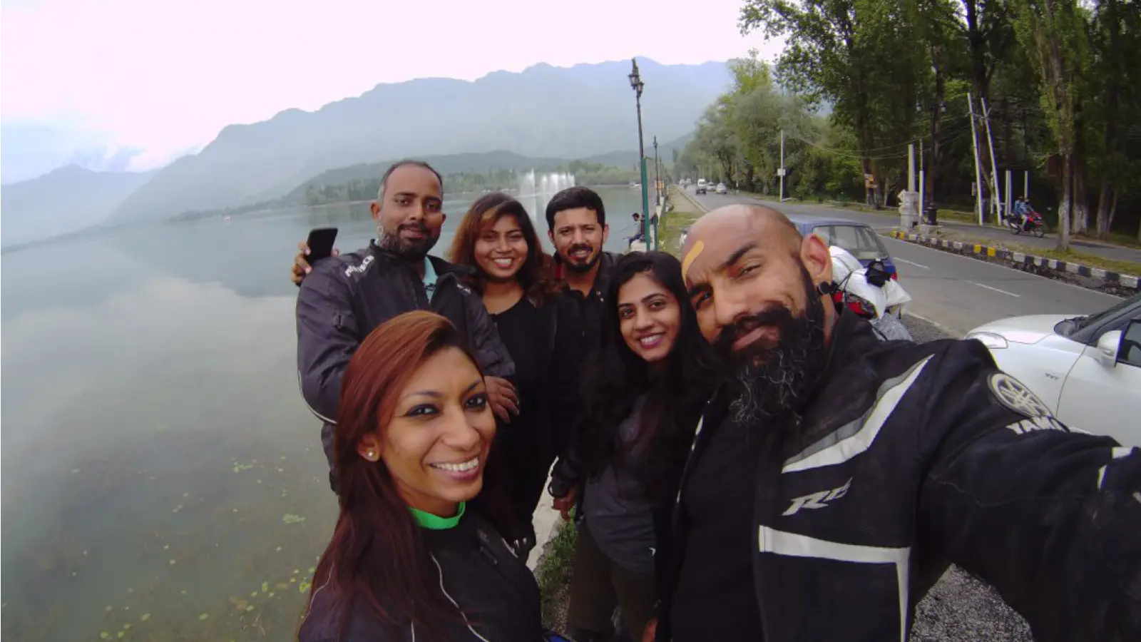 Group selfie during a stop on the journey