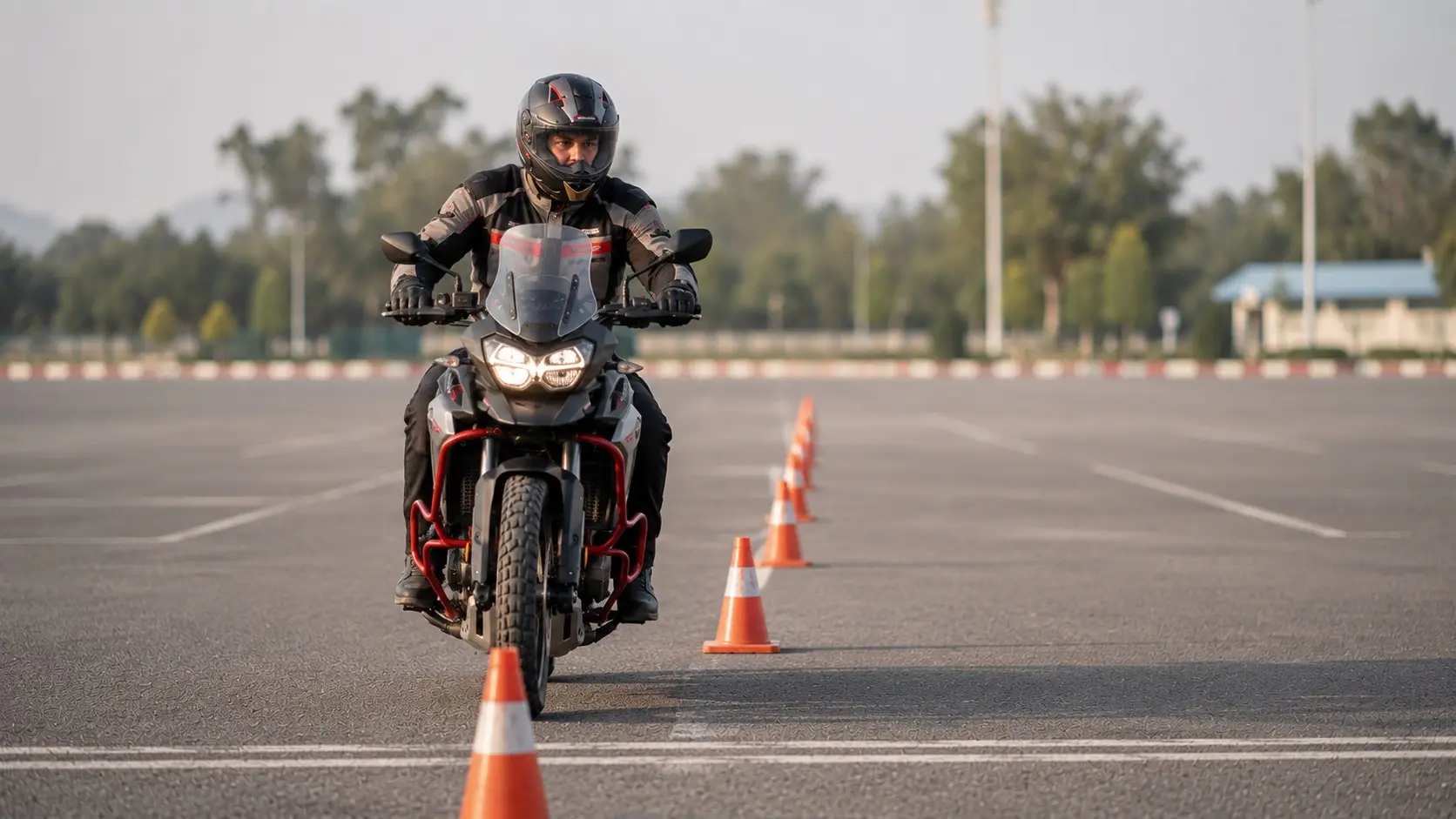 Rider practicing emergency braking in an empty parking area