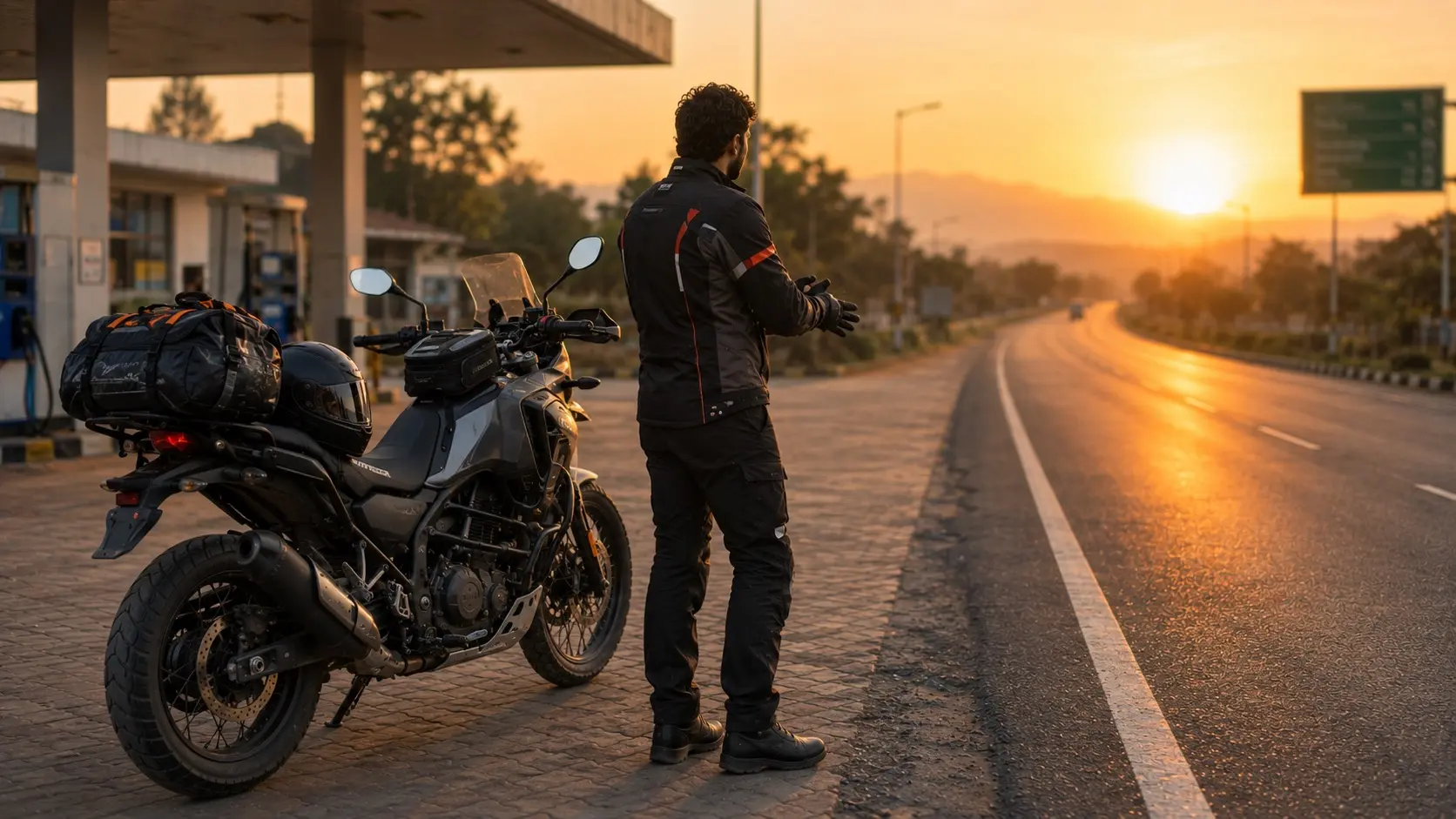 Motorcyclist preparing for an early morning long distance ride