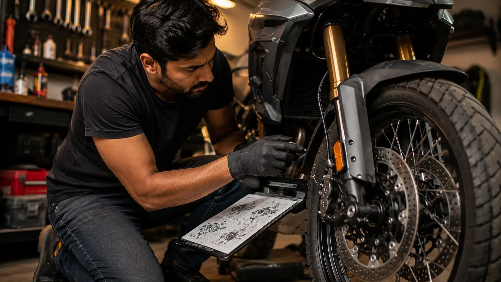 Rider inspecting brake components while reviewing service information