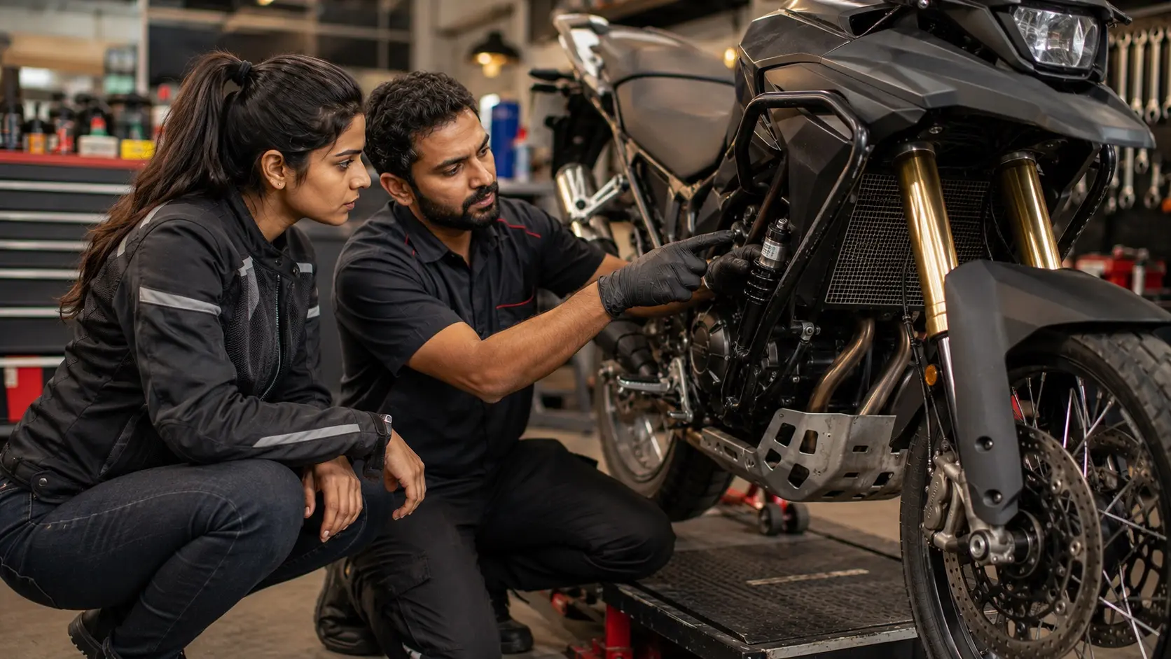 Motorcyclist consulting a professional technician during suspension inspection
