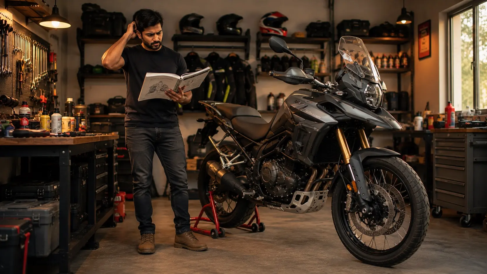 Motorcyclist considering a repair while reviewing a service manual in a home garage