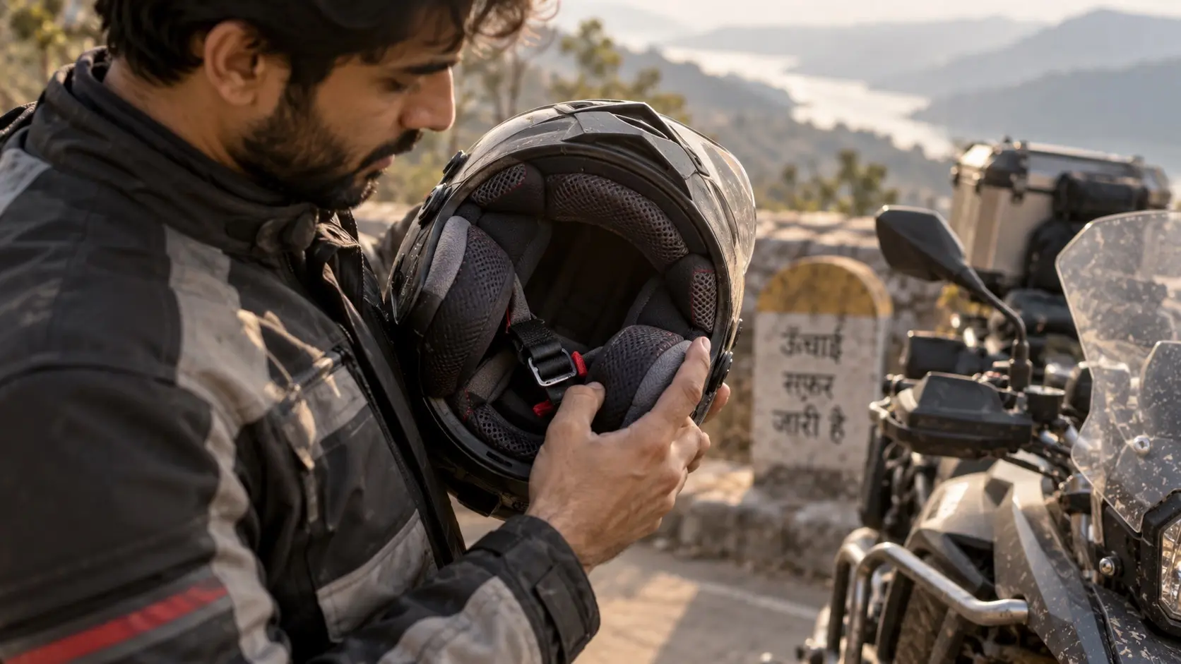 Rider checking the interior and fastening of a motorcycle helmet