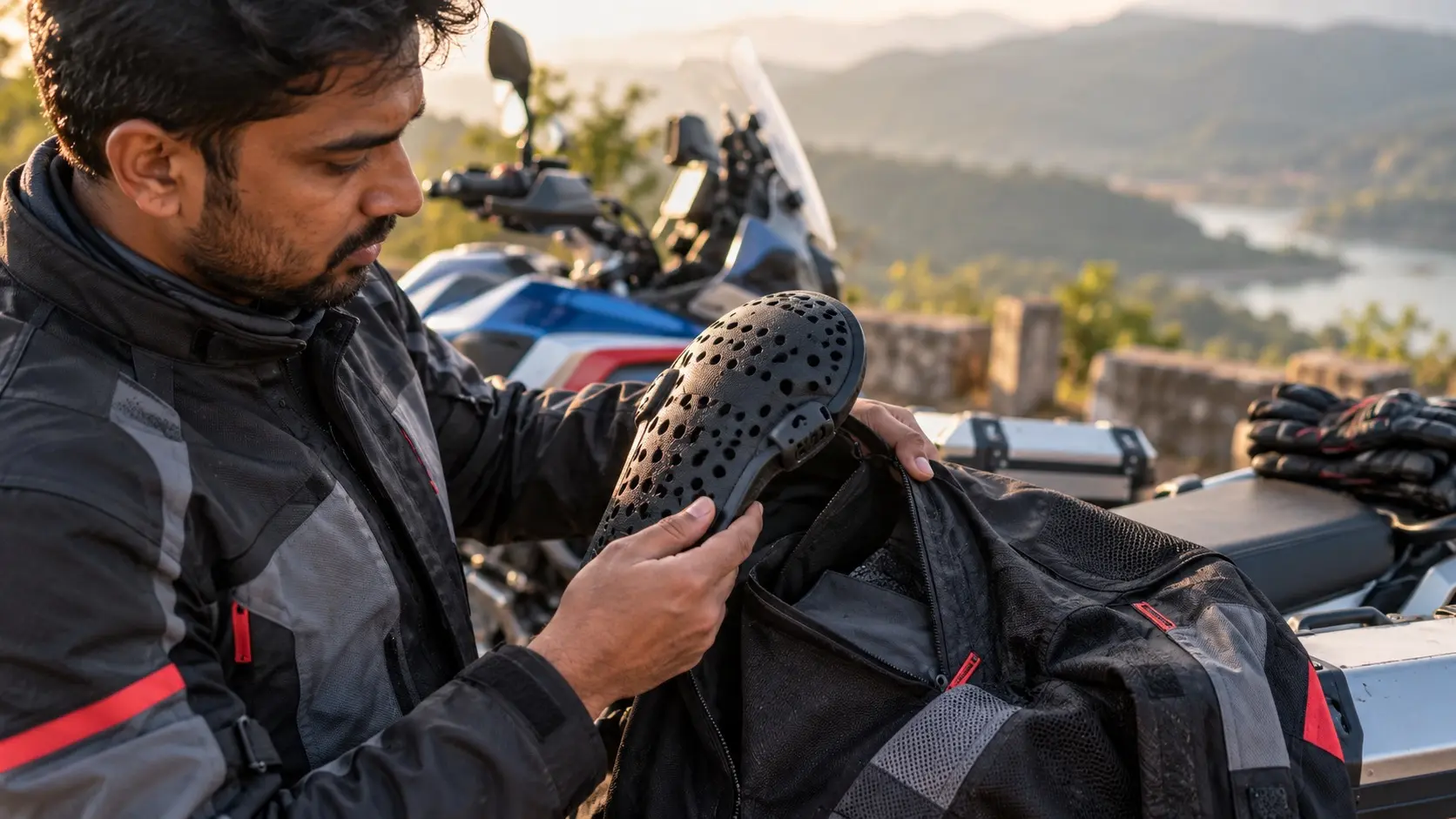 Rider inspecting a removable impact protector beside its jacket pocket