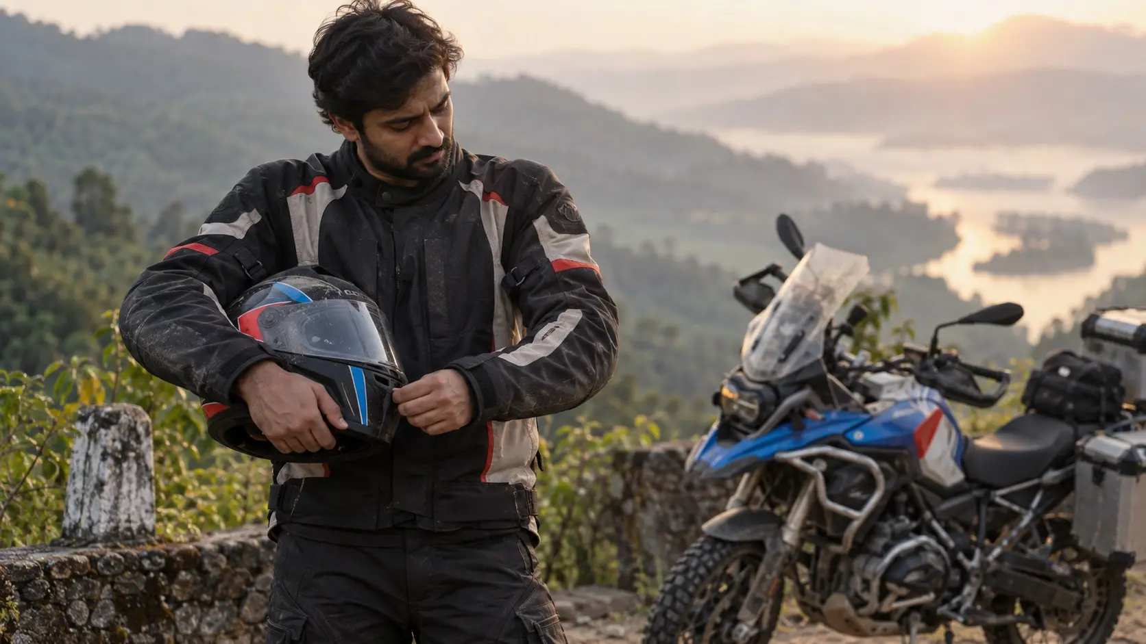 Motorcyclist inspecting a riding jacket and helmet before a ride.