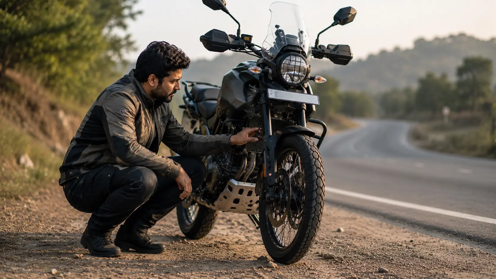 A rider taking a short roadside break while thoughtfully observing a parked motorcycle after noticing something unusual during the ride.