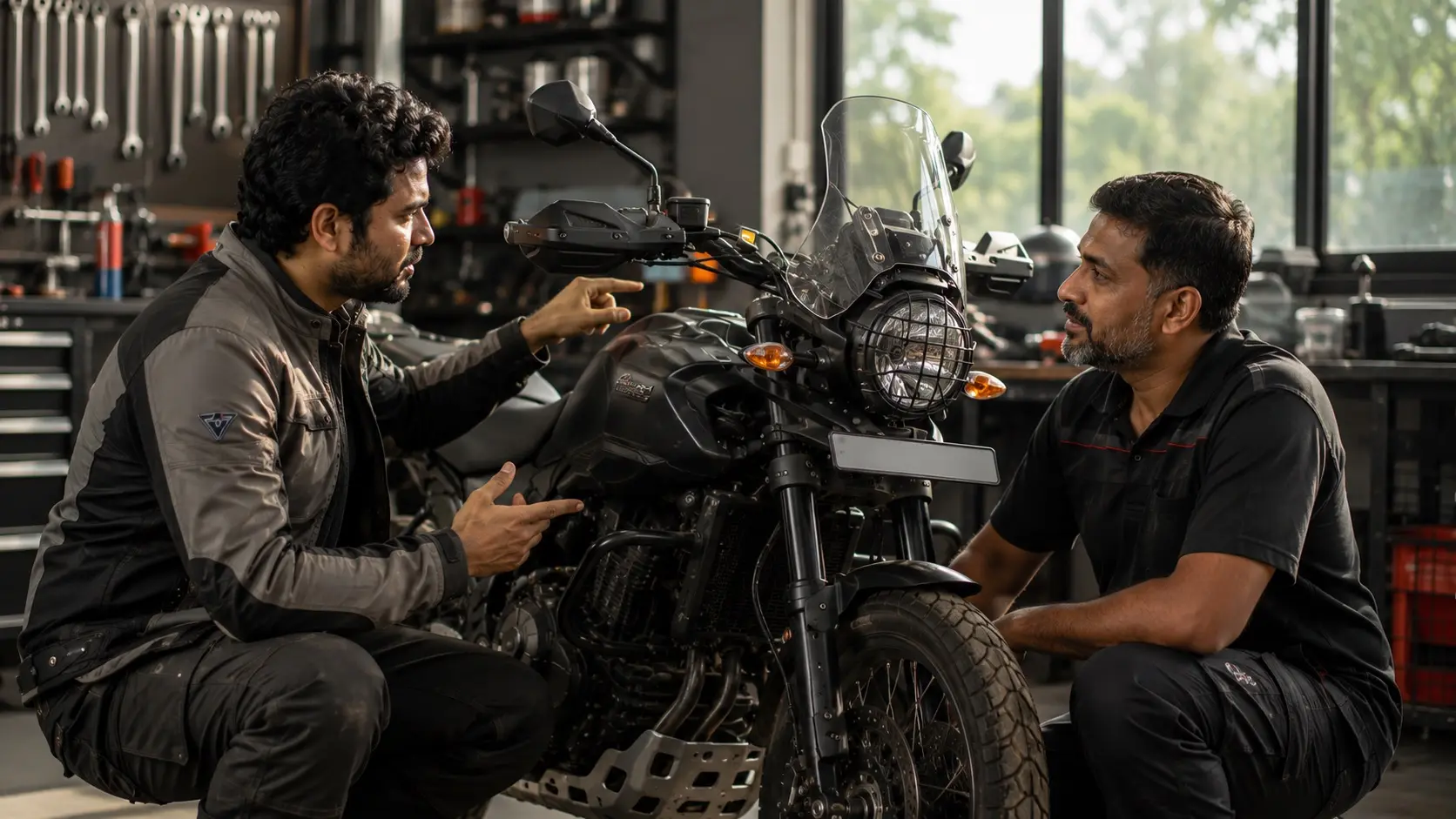 An experienced motorcycle technician listening carefully while a rider explains a recent change in how the motorcycle feels, both standing beside the bike in a clean independent workshop.