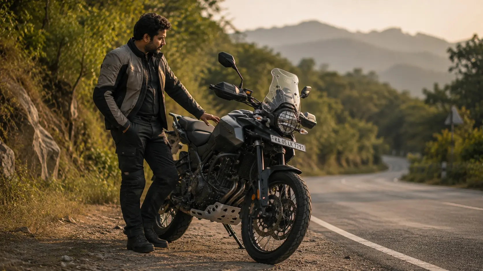 A rider thoughtfully observing a parked motorcycle after noticing something unusual during a ride.