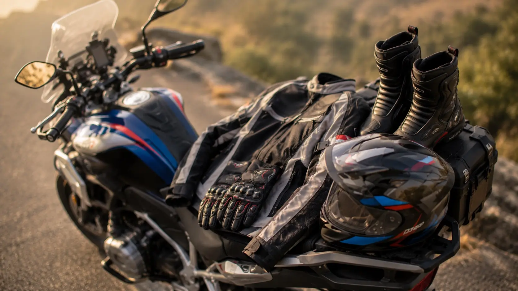 Motorcyclist laying out riding gear before a ride