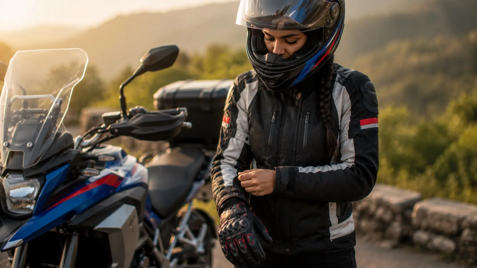 Rider adjusting gloves and jacket cuffs before a ride