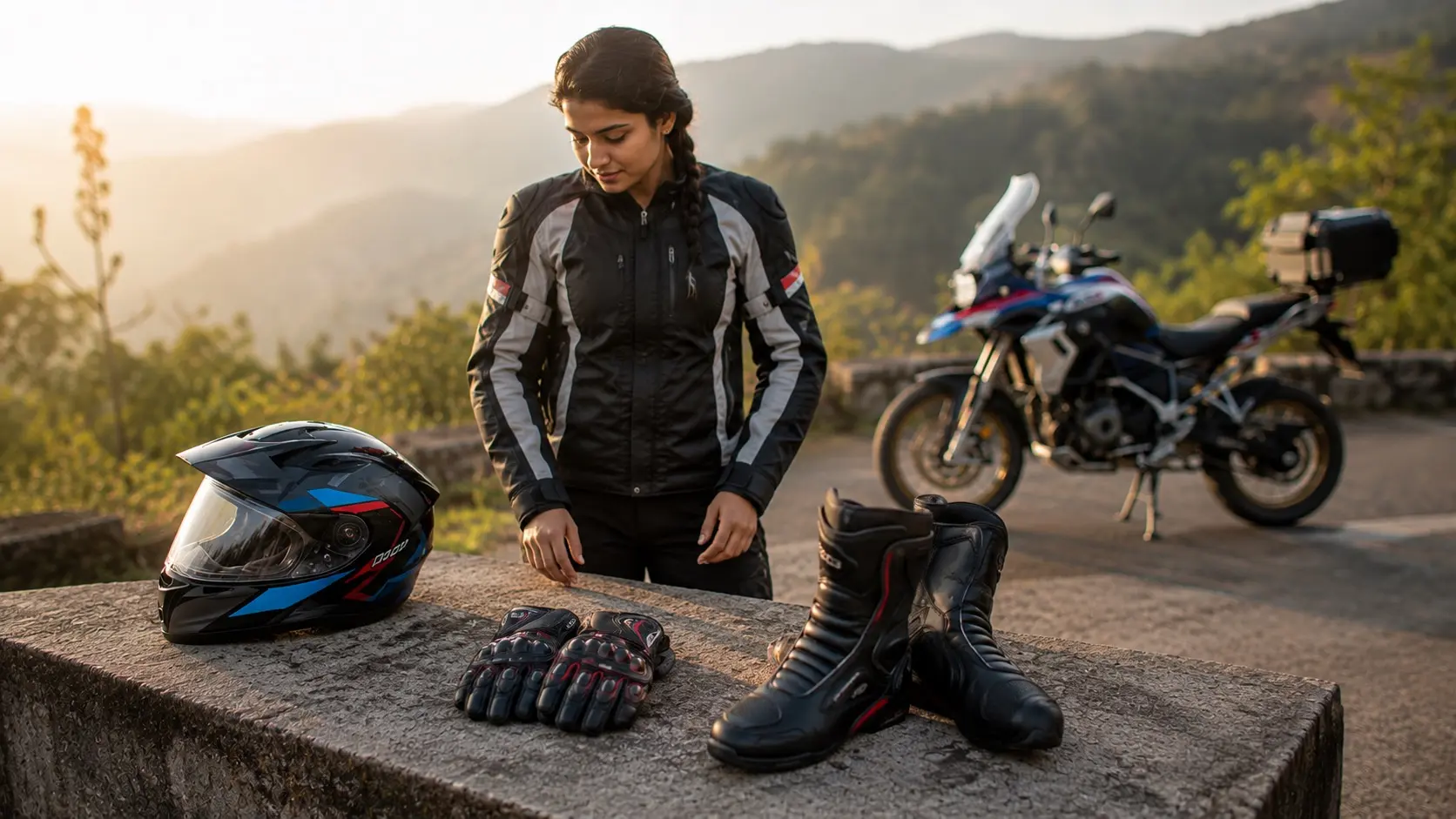 Motorcyclist preparing riding gear before setting off on a ride.