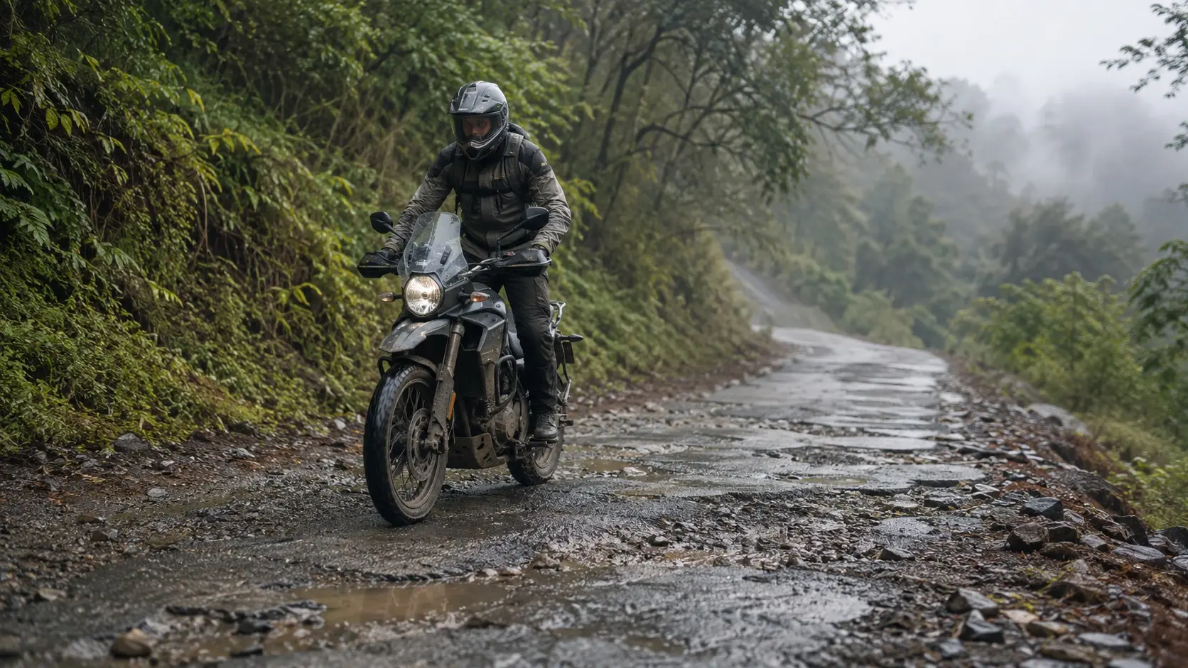 Rider standing on the footpegs while crossing a rough mountain road