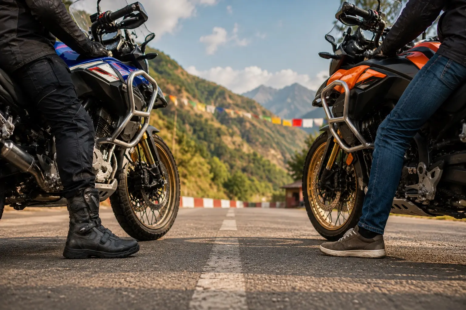 Two riders wearing different footwear beside adventure motorcycles.